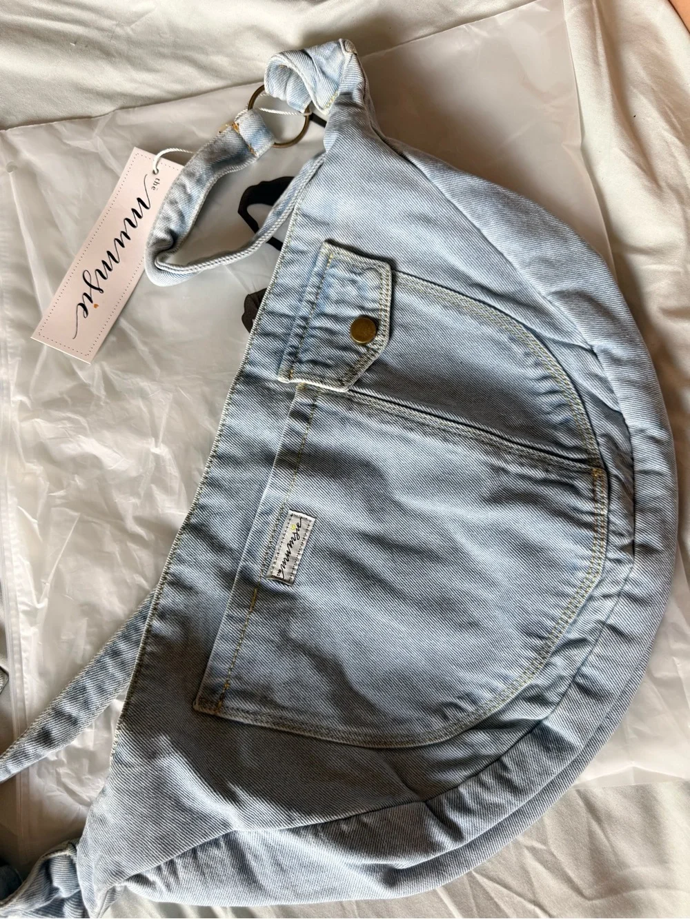 The Joey Light Blue Denim Waist Bag by the mumsie